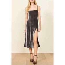 REFORMATION Grey Velvet Velour ARIANA High Slit Tie Shoulder Slip Dress S = 4/6
