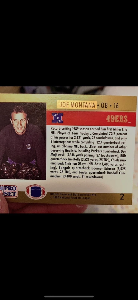 RARO Joe Montana 1990 Pro Set #2 MISPRINT ERROR CARTÃO NFL - Imagem 4 de 4
