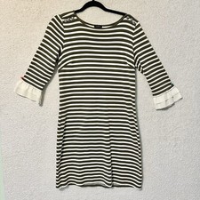 Talbots M Olive Ivory Striped Dress Silver Button Detail Ruffle Cuffs 3/4 Sleeve