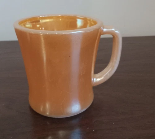 1 Fire King Peach Luster Mug Anchor Hocking D Handle Iridescent Mid Century USA