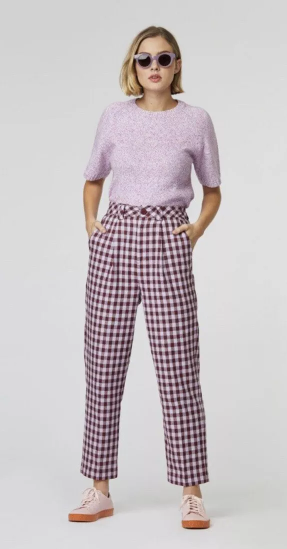 Gorman Check Gingham Linen Cotton Straight Leg Pants High Waist Size 6