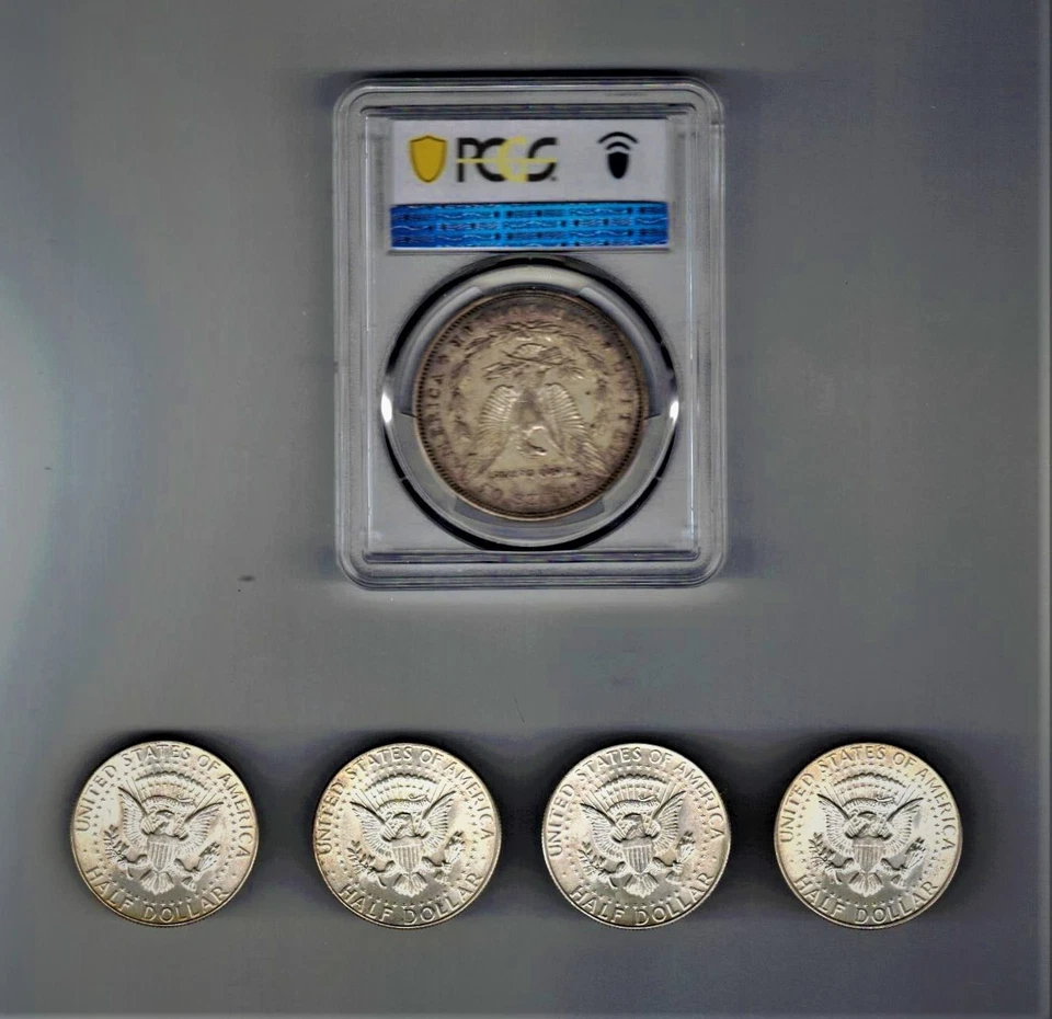 MORGAN SILVER DOLLAR, 1878 7TF, PCGS VF35, PLUS 4 64 SILVER 1/2 DOLLARS UNC. - Image 4 of 4