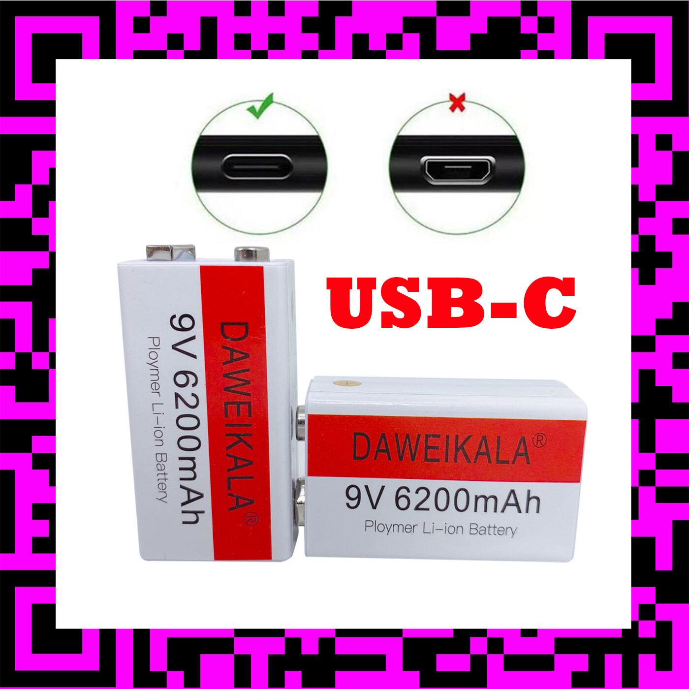 Batterie 9V 6200 mAh Li-ion rechargeable via USB pour détecteur de fumée et micro