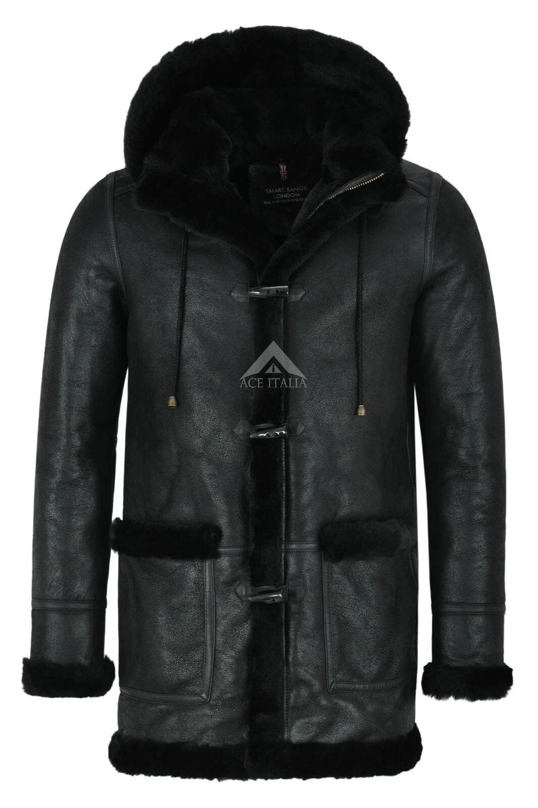 Men's Leather Sheepskin Duffle Coat Black / Black Fur Hooded 100% Shearling Ivar