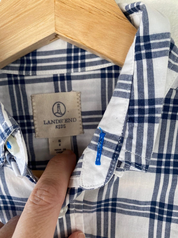 Boys Lands End Button Down Dress Shirt Cotton Blue White Plaid Sz S 8 F2 - Image 2 of 4