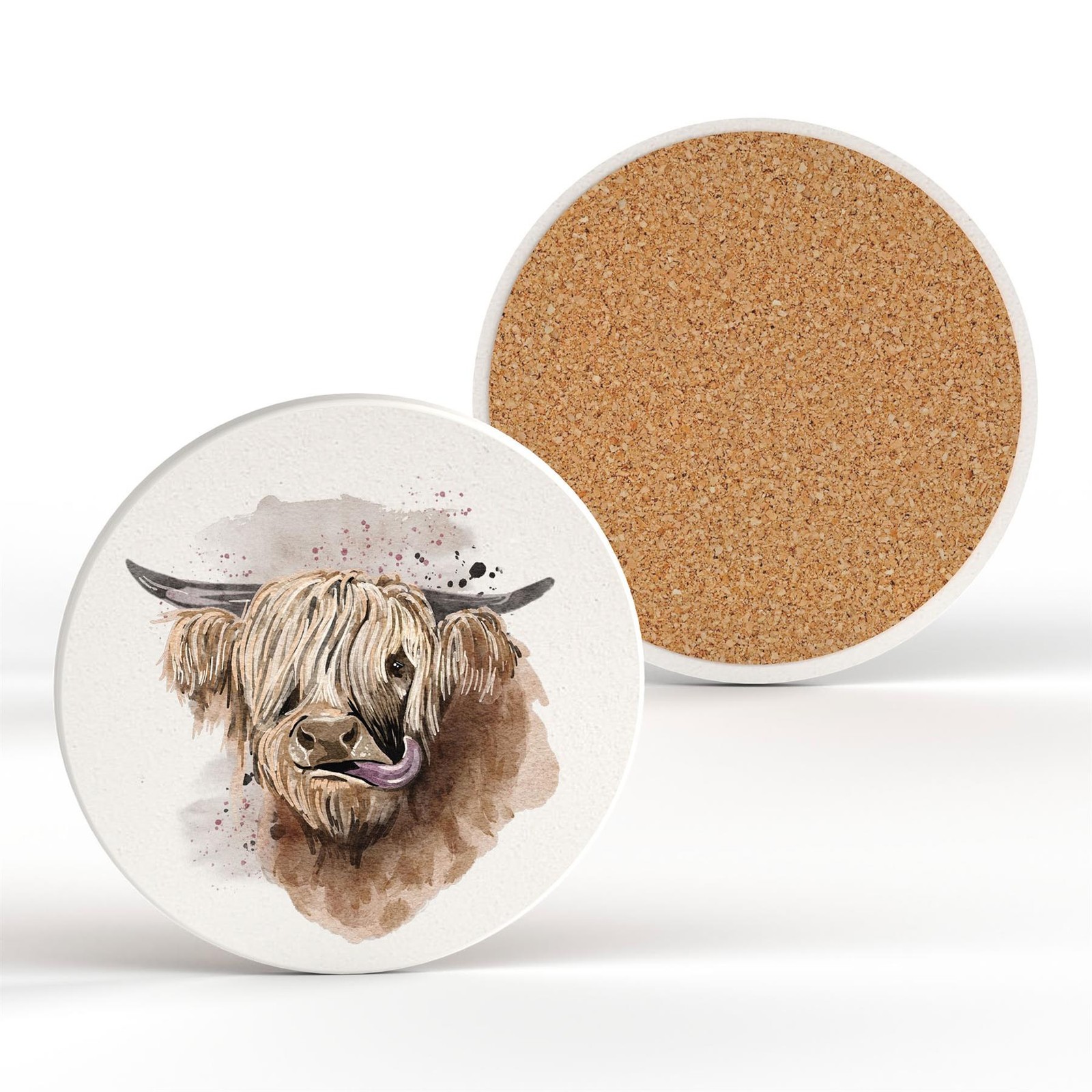 Highland Cow Watercolour Artwork Decorative Ceramic Round Coaster