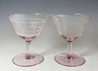 Pink Depression Glass Etched Champagne Glasses 4 1/4” Tall Set Of 2