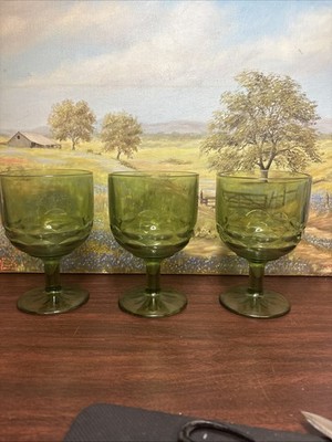 Bartlett Collins Green Glass Goblets Set Of 3 Vintage W Thumbprint Pattern