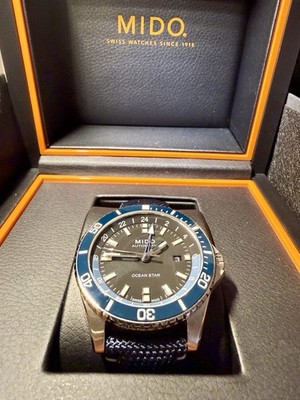 Mido Ocean Star GMT 44mm Silver Stainless Steel w Blue Strap &  Horween Strap