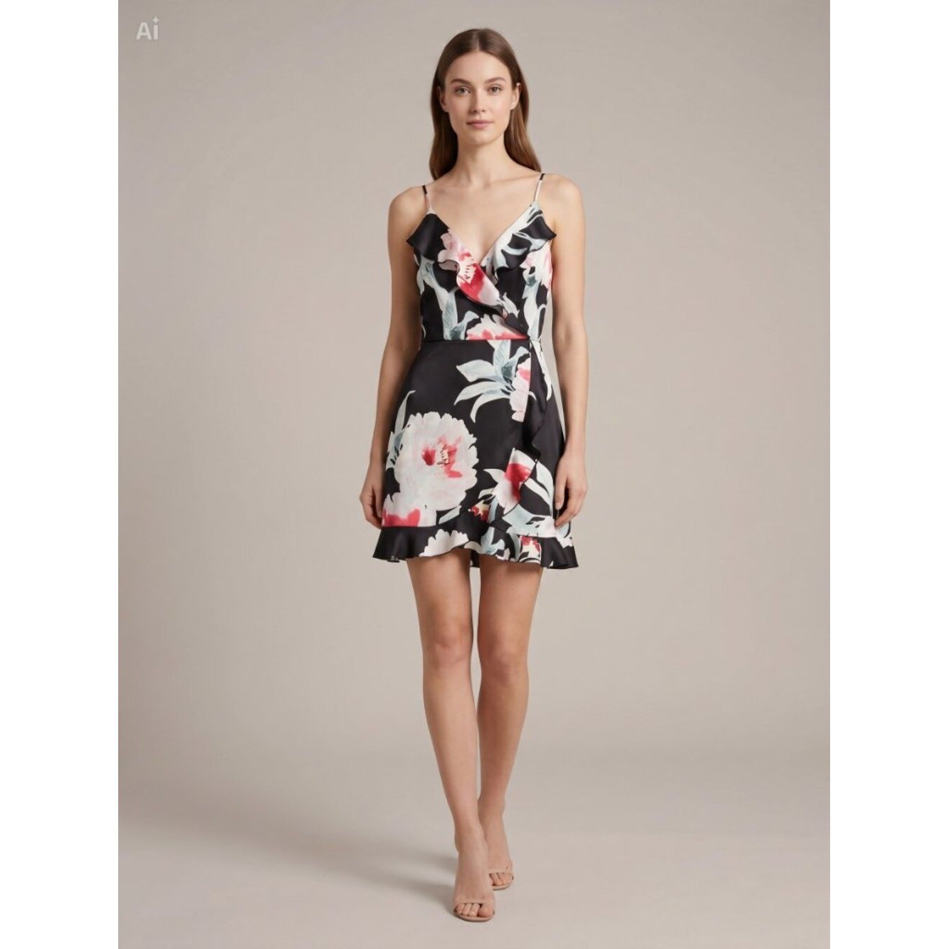Black floral satin ruffle faux wrap mini dress