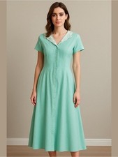 Vintage Mint Green Button-Front Maxi Dress with Lace Collar Paisley Cottagecore