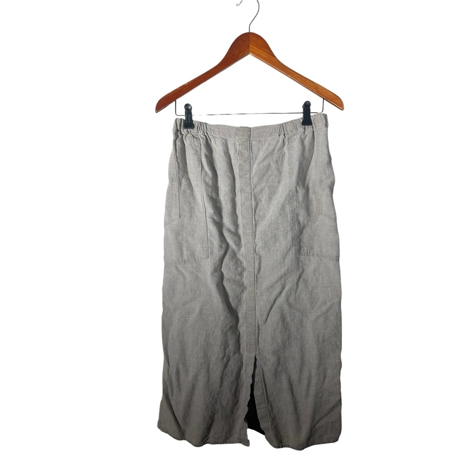 Flax Neutral Tan Linen Midi Skirt Pull On Style Size Small Oversized