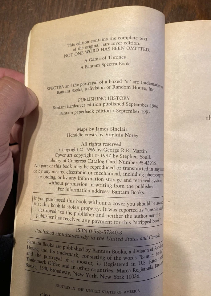 A Game of Thrones – George R. R. Martin – 1st Edition / 1st Print – 1996 PB Foto 3 de 3