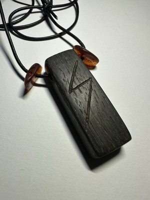 Rune Amber Handcrafted Bog Oak Ireland Wood Pendant Necklace Nature Adjustable