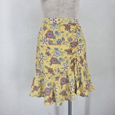 Max Studio Women  s Yellow Floral Print Ruched Front Asymmetrical Skirt Sz M