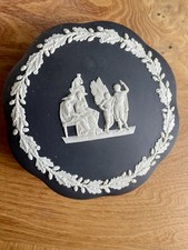 Vintage Wedgewood Black Jasperware trinket box + lid, black + white neoclassical