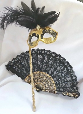 Mardi Gras / Halloween Blk Gold Glitter Feathered Mask & Matching Lace Fan