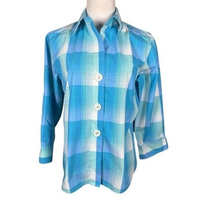 Foxcroft Womens 12P Blue Plaid Wrinkle Free Shaped Fit 3/4 Sleeve Button Down