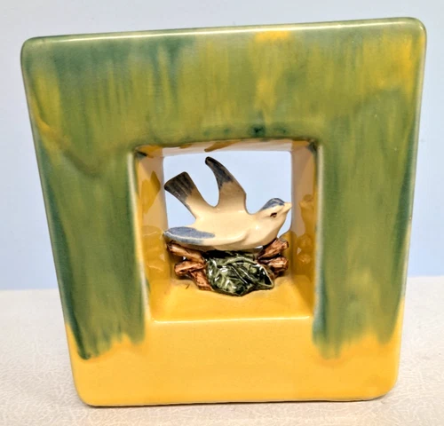 VINTAGE 1951 McCOY POTTERY YELLOW/GREEN 6.5" X 6" DOUBLE BIRD VASE PLANTER 3-D