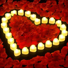 Artificial Rose Petals with 24 Pcs Flameless Heart Shaped LED Tealights Candles