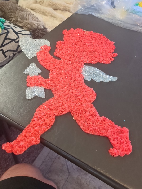 Vintage Melted Plastic Popcorn Cupid Valentine Decoration 20" Angel Glitter 
