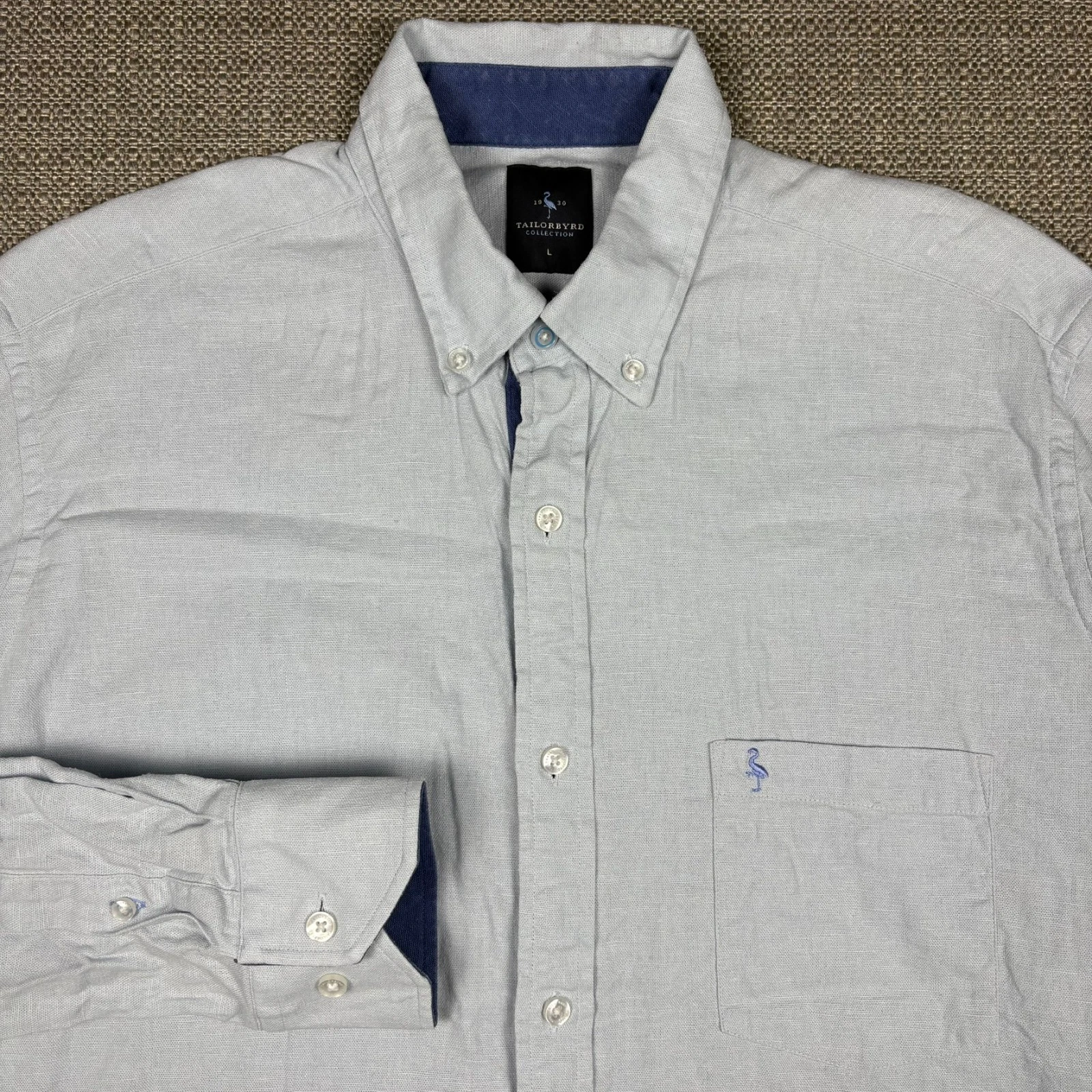 Tailorbyrd Men's Shirt L Long Sleeve Solid Blue Linen Regular Fit Embroidery
