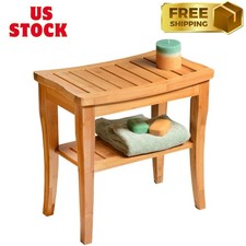 Bamboo Shower Bench with Storage Shelf, 17" Spa Stool for Inside Shower
