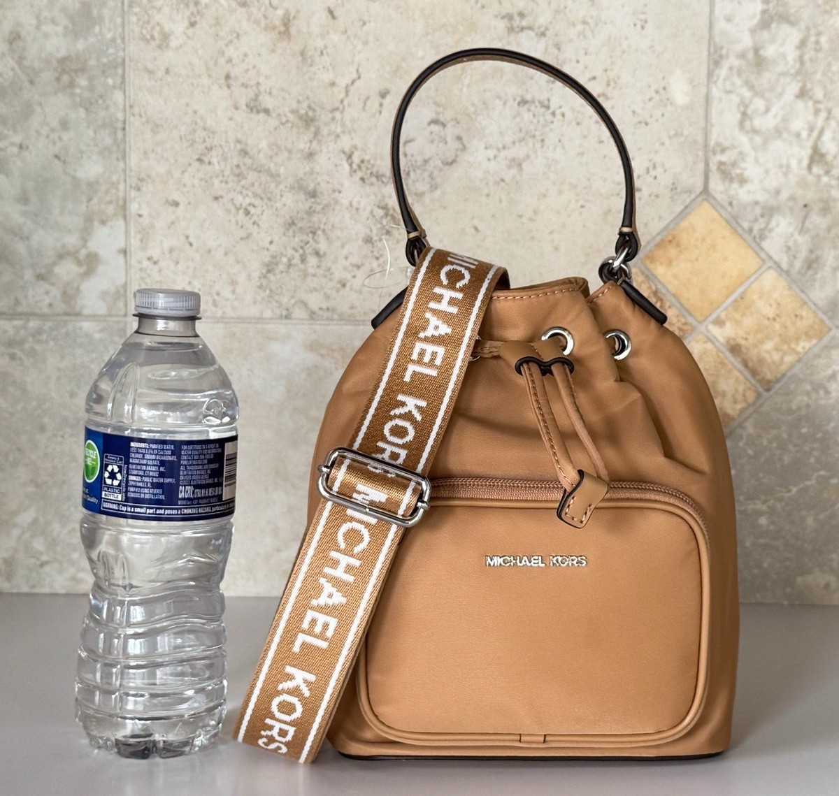 Michael Kors Khai Small Bucket Shoulder Crossbody Nylon Bag Peanut