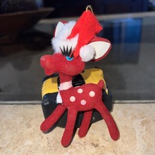 Red Flocked Deer Christmas Ornament Felt Japan Mid Century MCM Kitsch