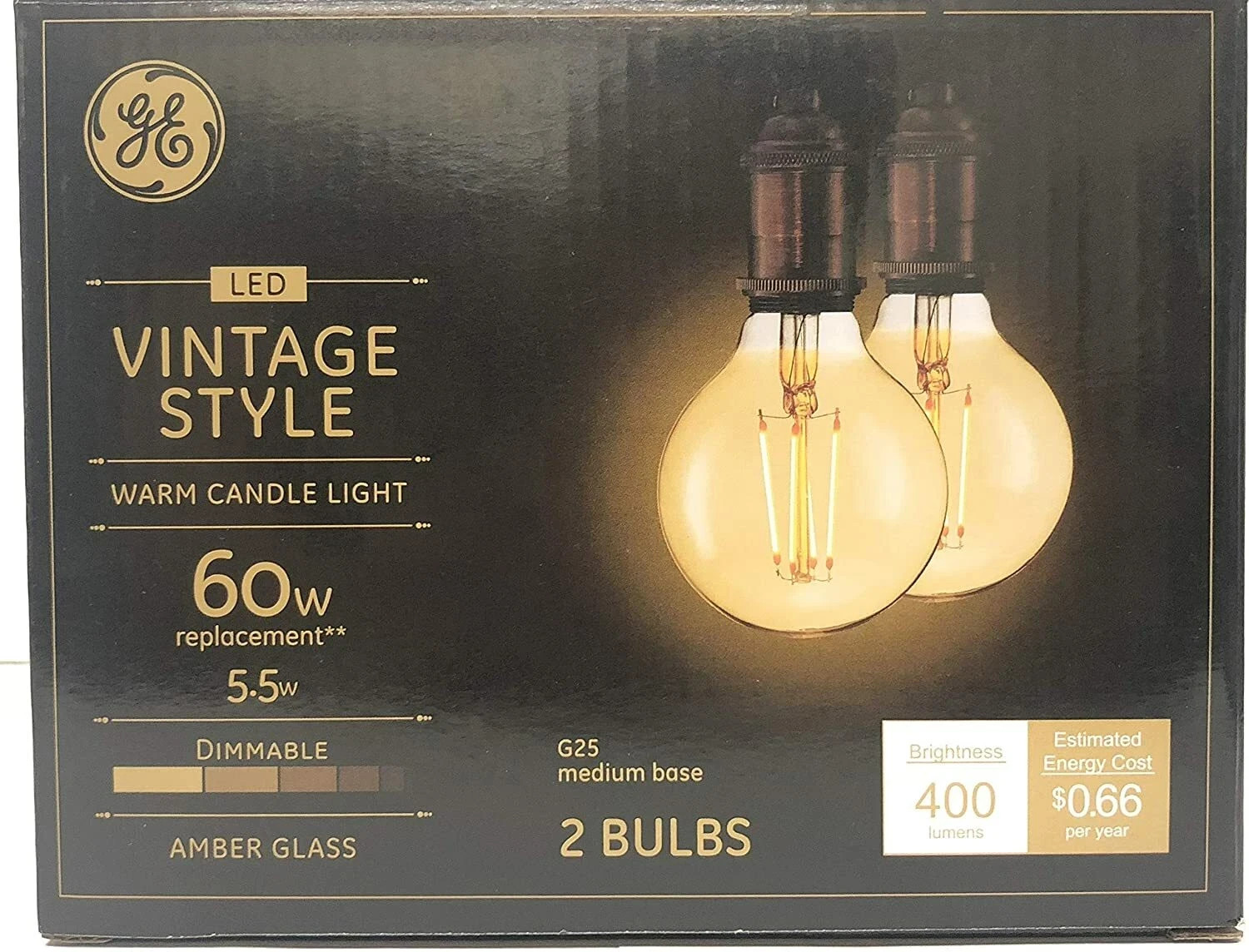 General Electric 2pk 60W VintaG25 Globe Filament Amber LED Light Bulbs