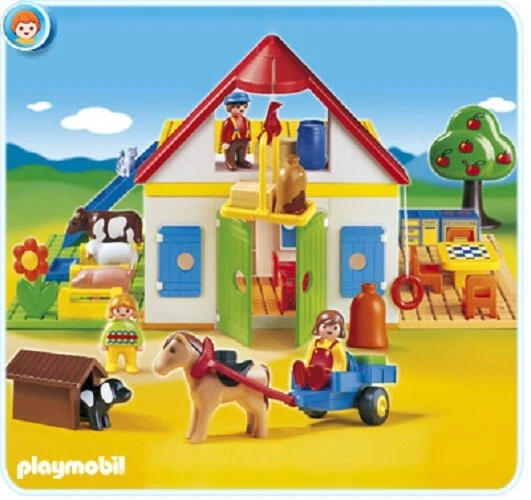 New Playmobil 1.2.3. Large Farm Barn House With Animals & Horse Wagon Set  6750