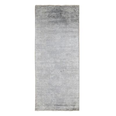 4'x9'8'' Gray Erased Zoroastrian Design Runner Wool-Silk Hand Knotted Rug R87679