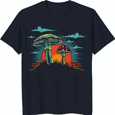 Vintage Inspired Black T-Shirt with Colorful Mushroom Design and Sunset