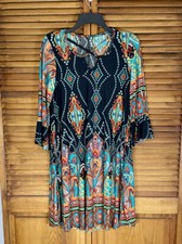Womens Vibrant Boho Tunic Style Dress Sz Small Bell Sleeve Cross Strap Neck
