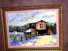 Bluebonnet Landscape Stormy clouds Barn Cactus Fence Birds in  Sky Matted Framed