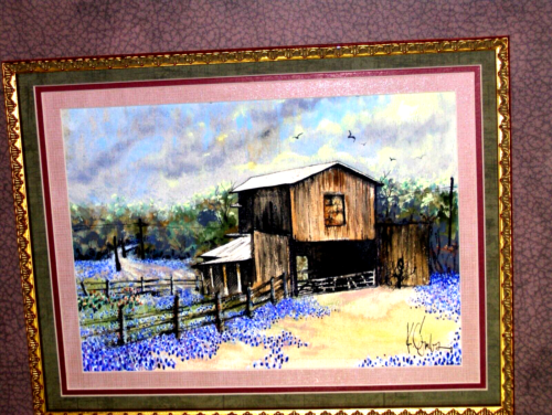 Bluebonnet Landscape Stormy clouds Barn Cactus Fence Birds in Sky Matted Framed