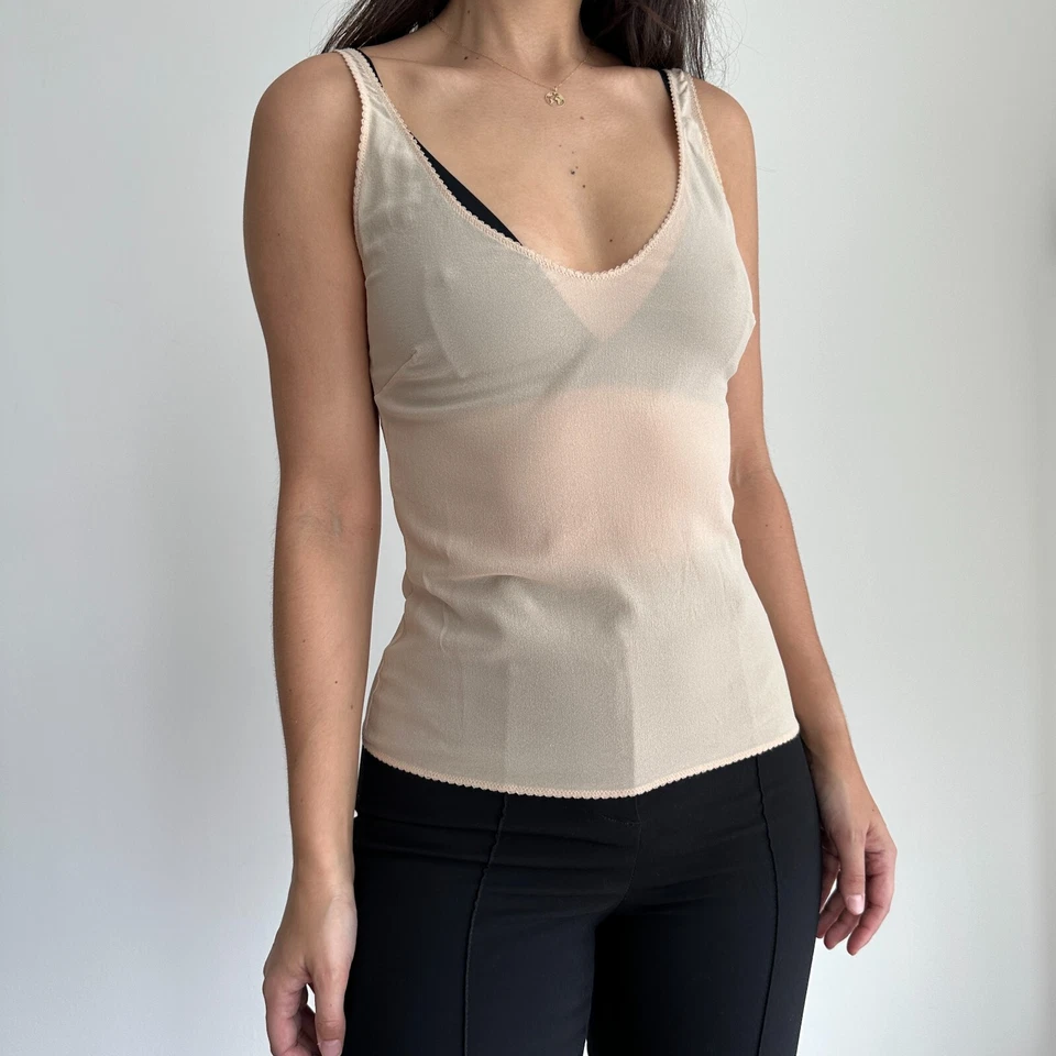 Regata feminina CHANEL 38 lingerie transparente cobertura crepe neutro cami básica - Imagem 4 de 4