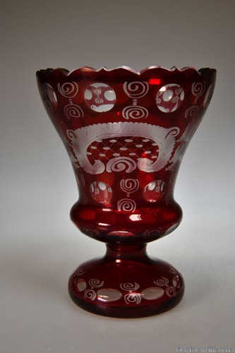4Q 1800s RUBY CUT TO CLEAR Bohemian VASE w/ Cartouche, Bird & Church Wheel Cut - Picture 4 of 12