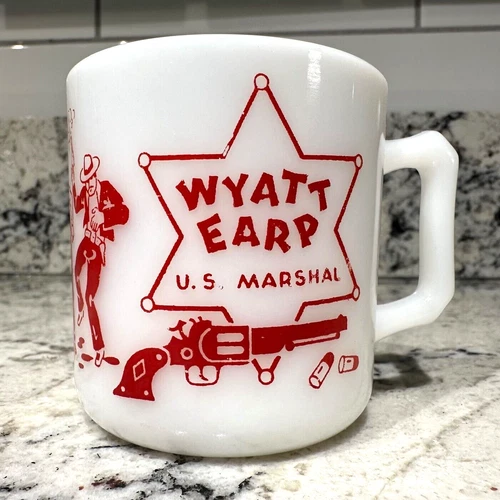 VINTAGE WYATT EARP Milk Glass Mug Cup 1950's Red White Hazel Atlas Western GUC