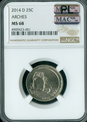 2014 D ARCHES QUARTER NGC MS68 PQ MAC PL & FINEST SPOTLESS . 