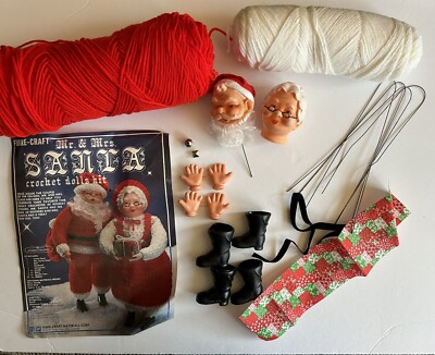 Vintage FIBRE-CRAFT Crochet Kit Mr. Mrs. Santa Claus Dolls Christmas INCOMPLETE