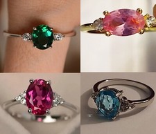 Silver-Color Oval Prong CZ Stone Ring