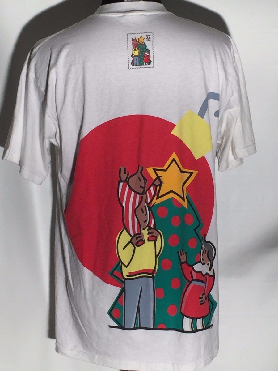Vtg 1996 USPS Christmas Tree Santa 32 Cents Stamp Tultex Size XL