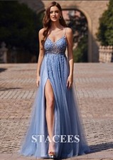 A-line V Neck Sweep Train Tulle Prom Dress with Beading Sequins Split