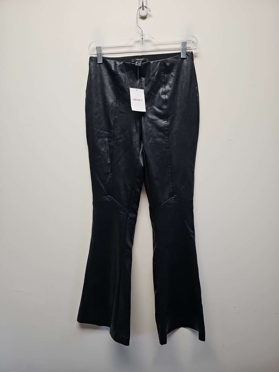 FOREVER 21 Women's Black Faux Leather Pull On Pants Flare Size S New