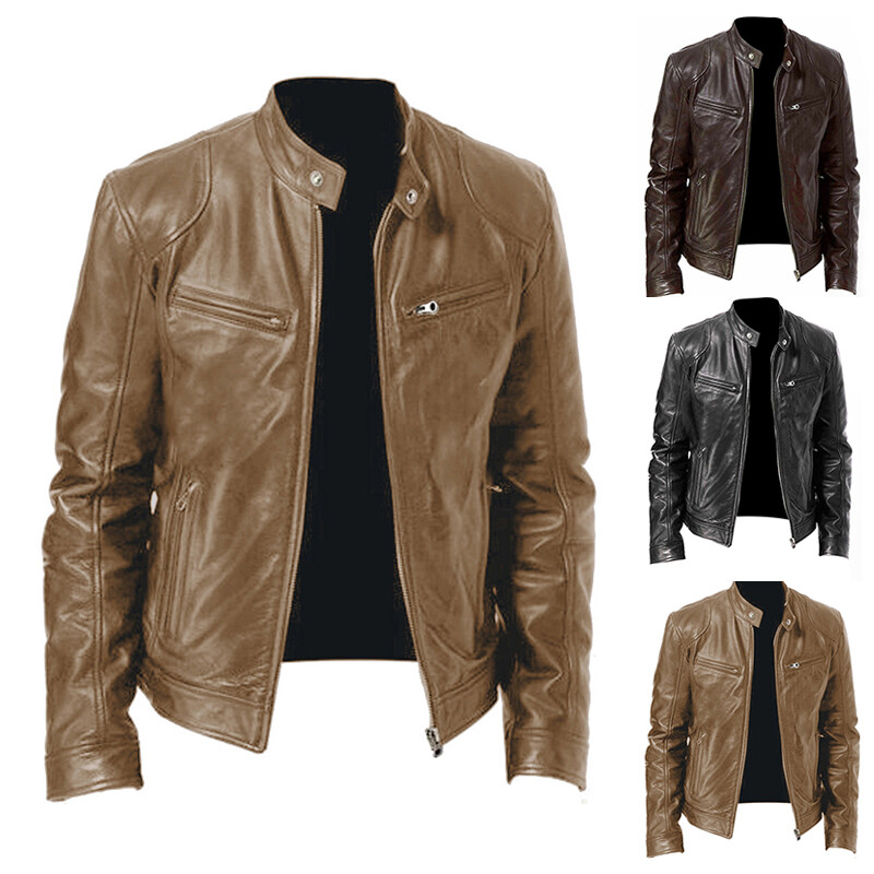 Mens Retro Faux Leather Jacket Motorcycle Stand Collar Biker Coat Zip Up Outwear