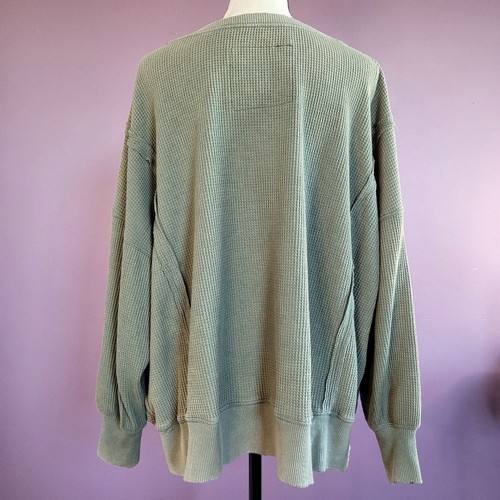 S American Eagle Washed Green Big Hug Waffle Distressed Oversized Crew Pullover - Picture 10 of 15