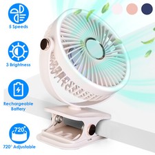 Clip on Fan 3 Brightness Llight 360  Adjustable 5 Speeds Rechargeable Quiet Fan