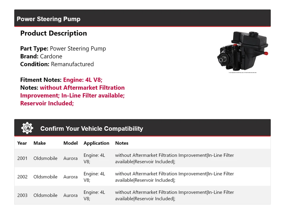 Bomba de direção hidráulica Cardone 2002 Oldsmobile Aurora 4L V8 2001-2003 - Imagem 2 de 4