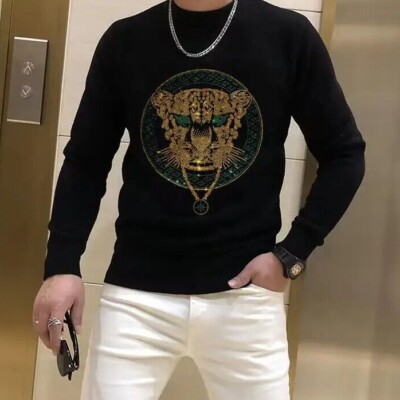 New Men Luxury Diamond Leopard Rhinestones Fashion Knitted Black Sweater